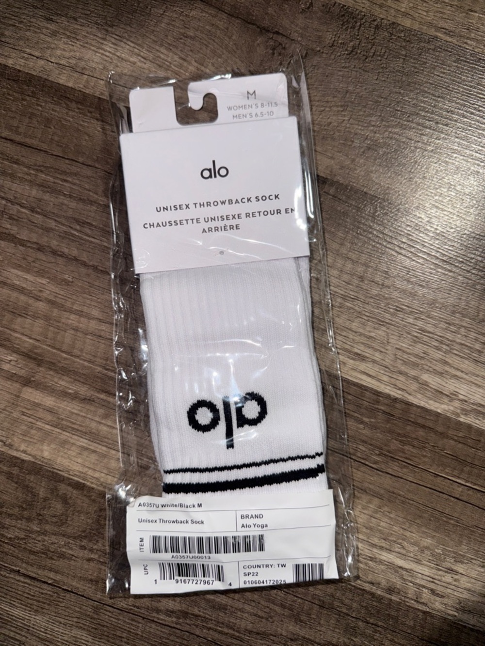 ALO Yoga White Athletic Crew Socks with Black Logo and Stripes